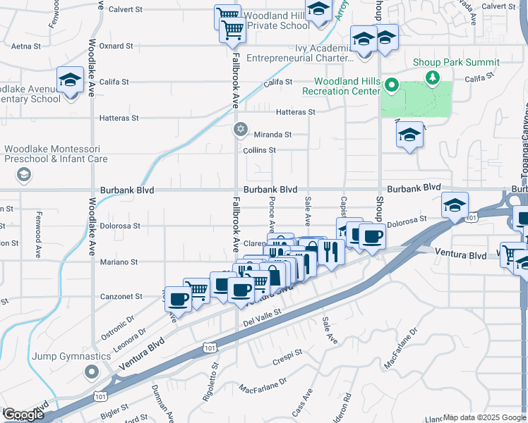 map of restaurants, bars, coffee shops, grocery stores, and more near 22712 Berdon Street in Los Angeles