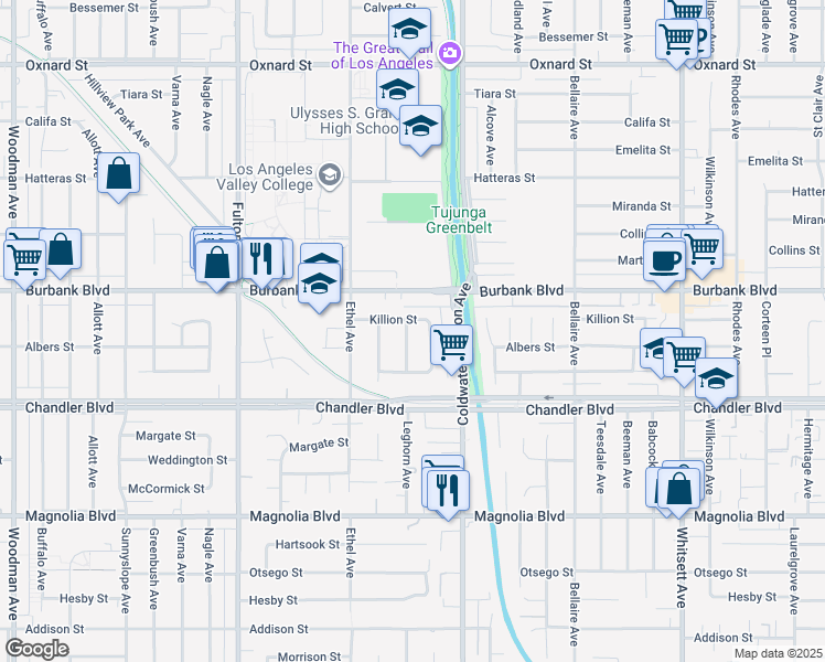 map of restaurants, bars, coffee shops, grocery stores, and more near 5520 Leghorn Avenue in Los Angeles