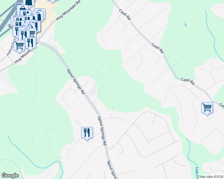 map of restaurants, bars, coffee shops, grocery stores, and more near 6143 Spout Springs Road in Flowery Branch