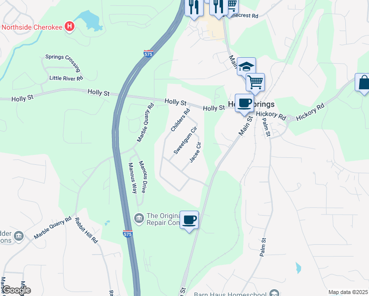 map of restaurants, bars, coffee shops, grocery stores, and more near 104 Sweetgum Circle in Canton