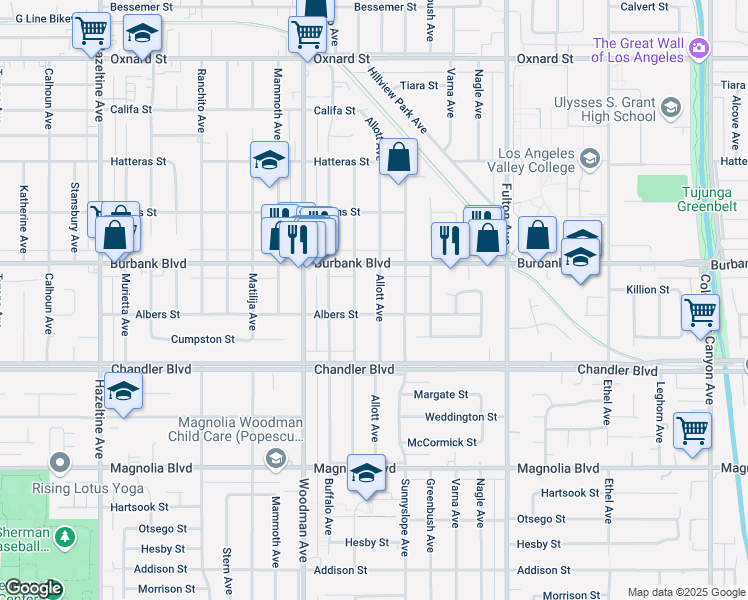 map of restaurants, bars, coffee shops, grocery stores, and more near 5517 Allott Avenue in Los Angeles
