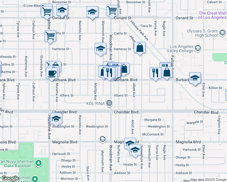 map of restaurants, bars, coffee shops, grocery stores, and more near 5514 Woodman Avenue in Los Angeles