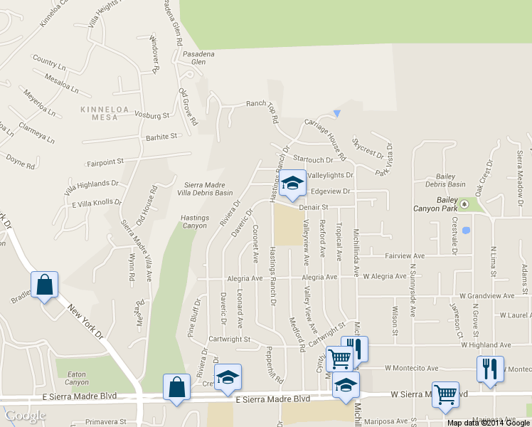 map of restaurants, bars, coffee shops, grocery stores, and more near 1425 Hastings Ranch Drive in Pasadena