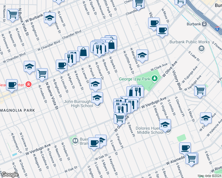 map of restaurants, bars, coffee shops, grocery stores, and more near 1710 West Clark Avenue in Burbank