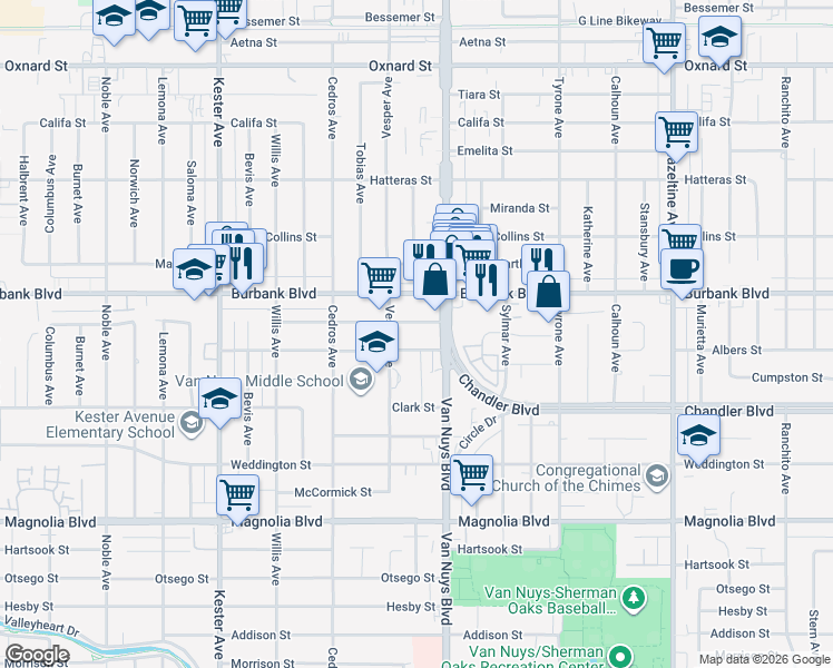 map of restaurants, bars, coffee shops, grocery stores, and more near 14528 Killion Street in Los Angeles