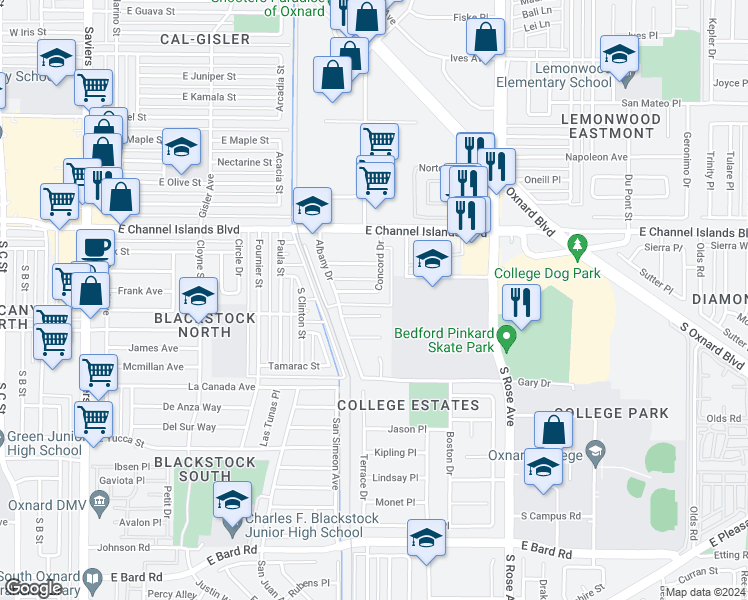 map of restaurants, bars, coffee shops, grocery stores, and more near 1032 Cheyenne Way in Oxnard