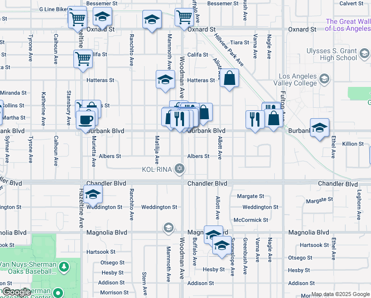 map of restaurants, bars, coffee shops, grocery stores, and more near 5514 Woodman Avenue in Los Angeles
