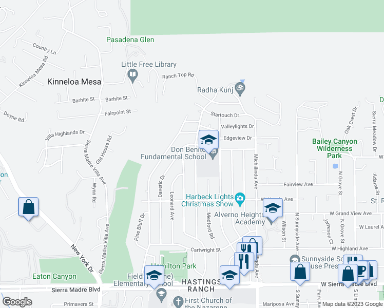 map of restaurants, bars, coffee shops, grocery stores, and more near 1425 Hastings Ranch Drive in Pasadena