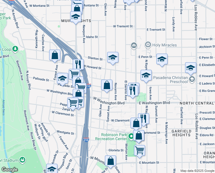 map of restaurants, bars, coffee shops, grocery stores, and more near 1455 Sunset Avenue in Pasadena