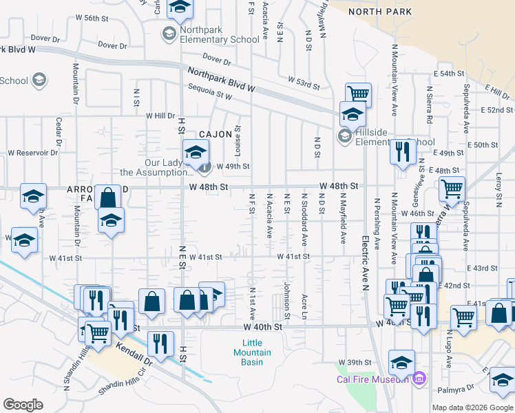 map of restaurants, bars, coffee shops, grocery stores, and more near 4768 North Acacia Avenue in San Bernardino