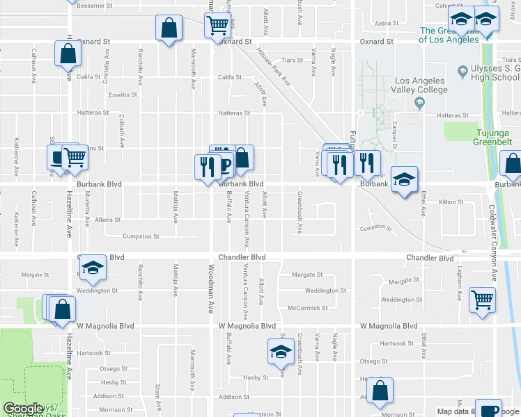 map of restaurants, bars, coffee shops, grocery stores, and more near 5517 Allott Avenue in Los Angeles