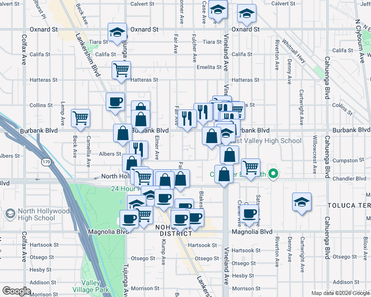 map of restaurants, bars, coffee shops, grocery stores, and more near 5554 Bonner Avenue in Los Angeles