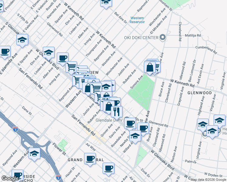 map of restaurants, bars, coffee shops, grocery stores, and more near 1161 Ruberta Avenue in Glendale