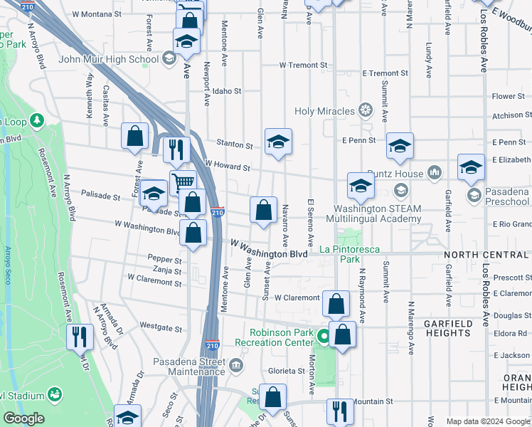 map of restaurants, bars, coffee shops, grocery stores, and more near 1455 Sunset Avenue in Pasadena