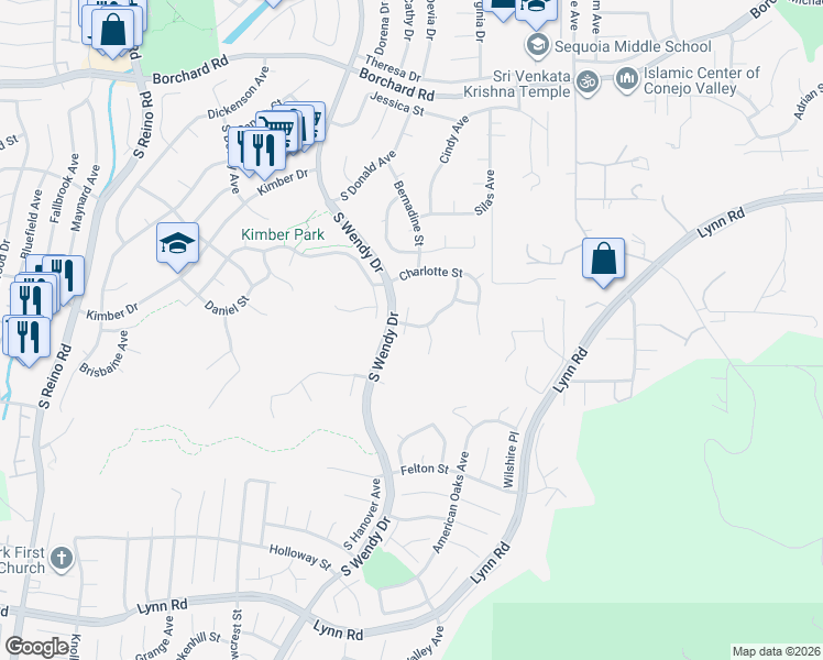 map of restaurants, bars, coffee shops, grocery stores, and more near 400 Continental Court in Thousand Oaks