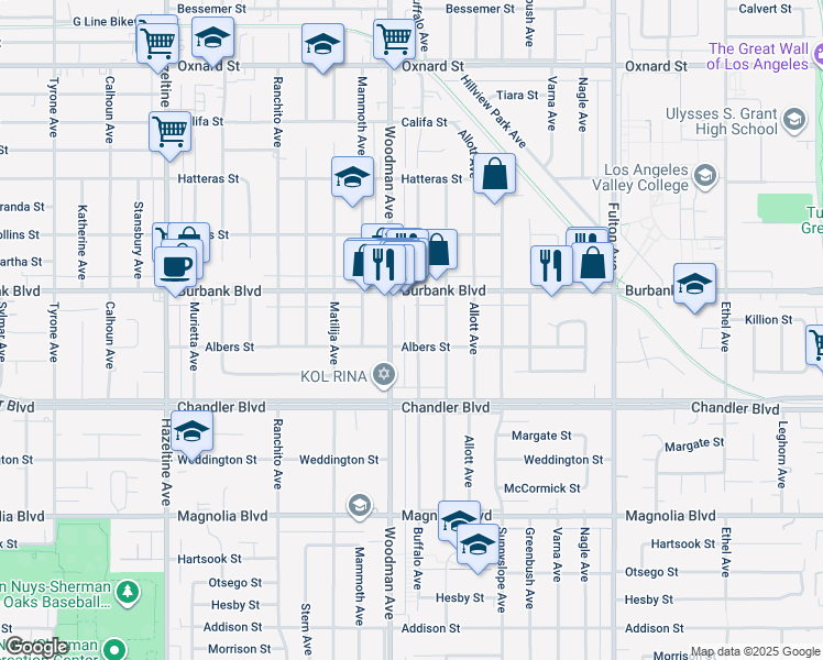 map of restaurants, bars, coffee shops, grocery stores, and more near 5519 Buffalo Avenue in Los Angeles