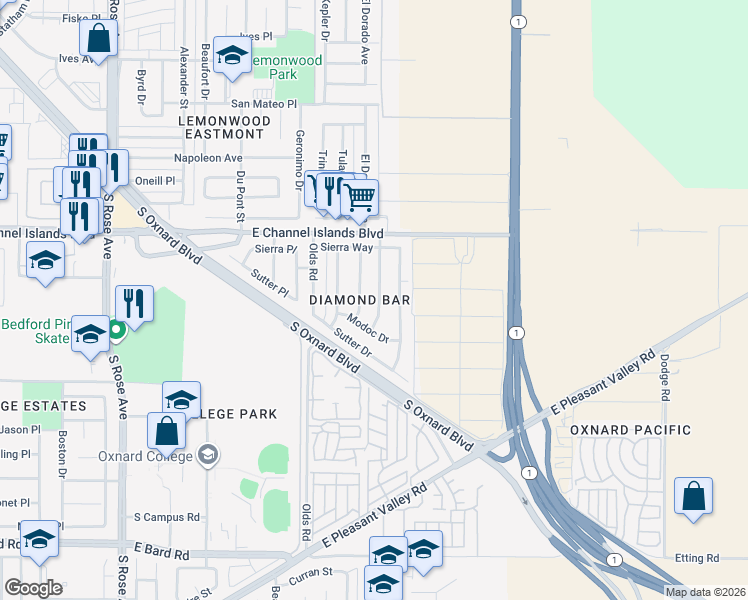 map of restaurants, bars, coffee shops, grocery stores, and more near 3130 Merced Place in Oxnard