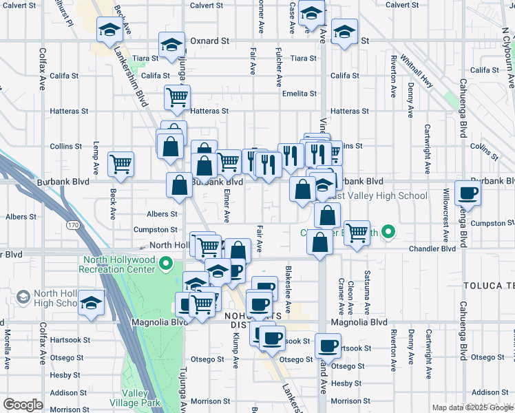 map of restaurants, bars, coffee shops, grocery stores, and more near 5529 Bonner Avenue in Los Angeles