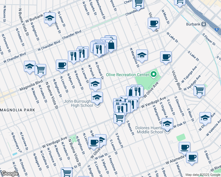 map of restaurants, bars, coffee shops, grocery stores, and more near 1710 West Clark Avenue in Burbank
