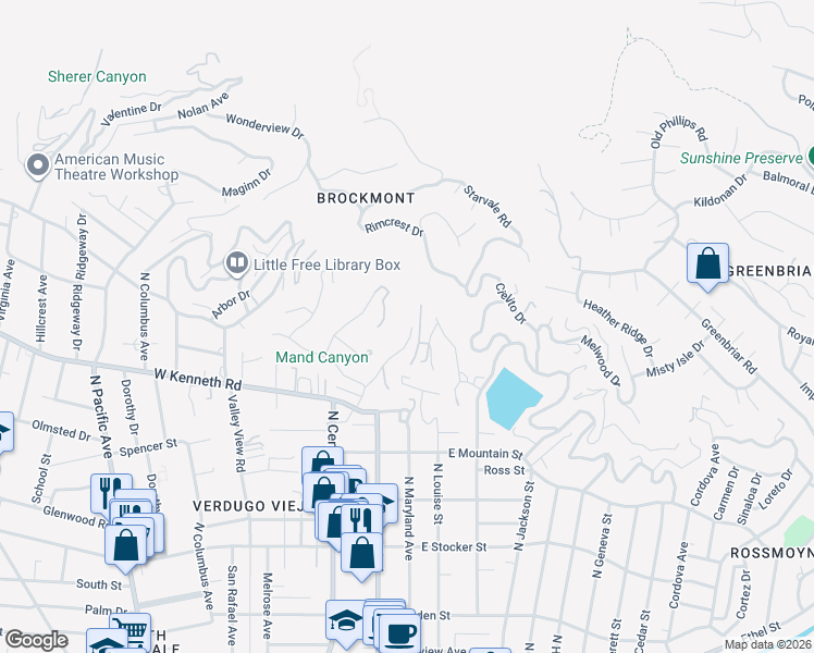 map of restaurants, bars, coffee shops, grocery stores, and more near 1656 Hazbeth Lane in Glendale