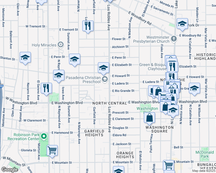 map of restaurants, bars, coffee shops, grocery stores, and more near 1455 North Los Robles Avenue in Pasadena