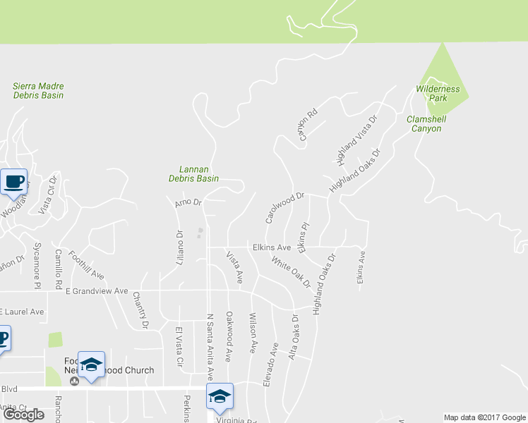 map of restaurants, bars, coffee shops, grocery stores, and more near 2047 Carolwood Drive in Arcadia