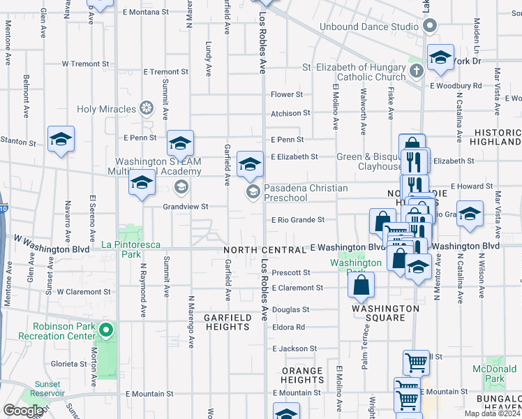 map of restaurants, bars, coffee shops, grocery stores, and more near 1455 North Los Robles Avenue in Pasadena