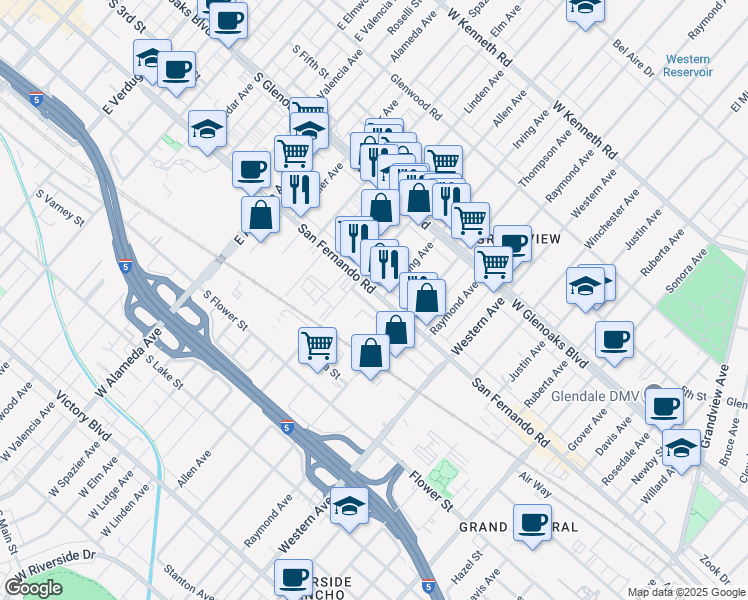map of restaurants, bars, coffee shops, grocery stores, and more near in Glendale