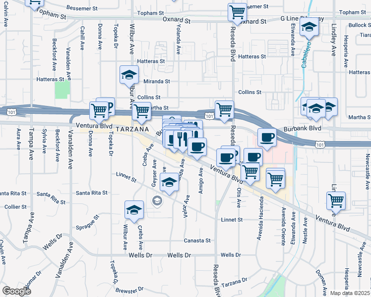 map of restaurants, bars, coffee shops, grocery stores, and more near 18666 Clark Street in Los Angeles