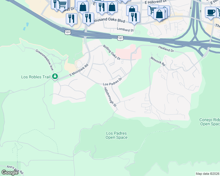 map of restaurants, bars, coffee shops, grocery stores, and more near 411 Newcastle Street in Thousand Oaks