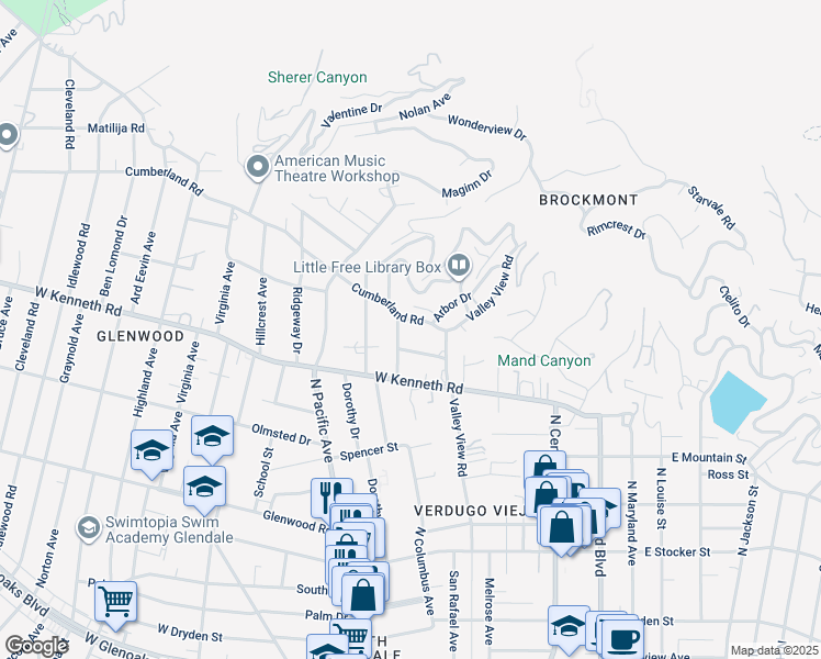 map of restaurants, bars, coffee shops, grocery stores, and more near 332 Cumberland Road in Glendale