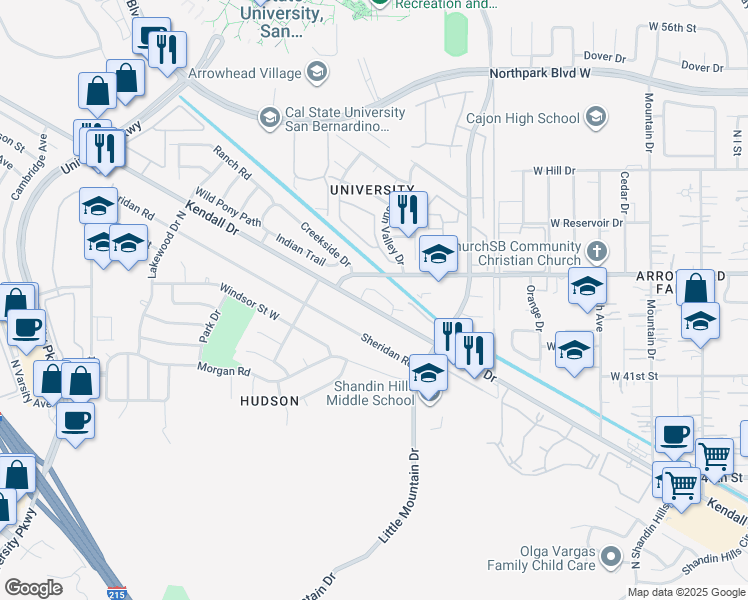 map of restaurants, bars, coffee shops, grocery stores, and more near 1460 Kendall Drive in San Bernardino