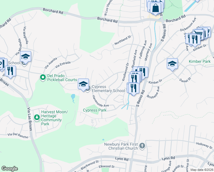 map of restaurants, bars, coffee shops, grocery stores, and more near 483 Blackhawk Drive in Thousand Oaks