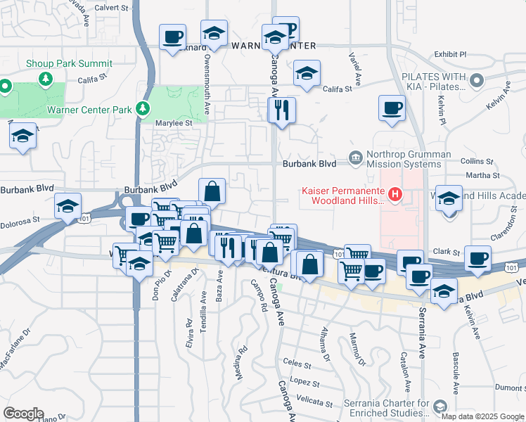 map of restaurants, bars, coffee shops, grocery stores, and more near 5535 Canoga Avenue in Los Angeles