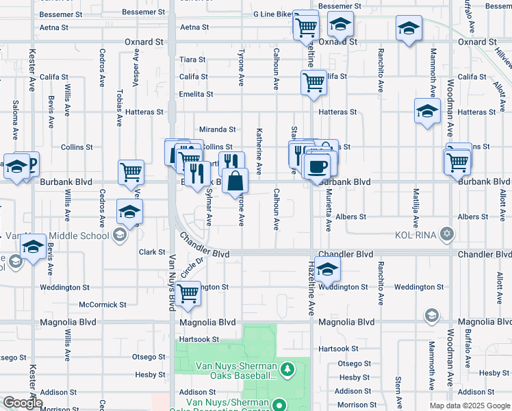 map of restaurants, bars, coffee shops, grocery stores, and more near 5481 Katherine Avenue in Los Angeles