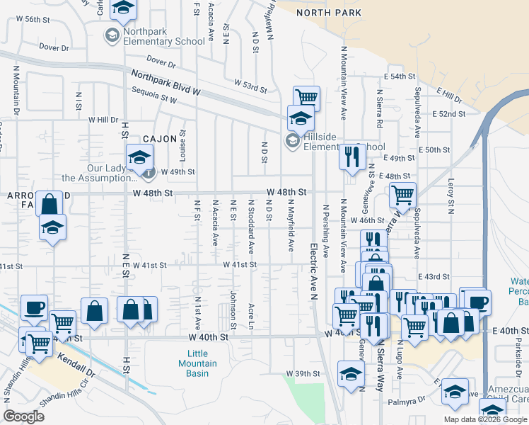 map of restaurants, bars, coffee shops, grocery stores, and more near 4755 North Stoddard Avenue in San Bernardino
