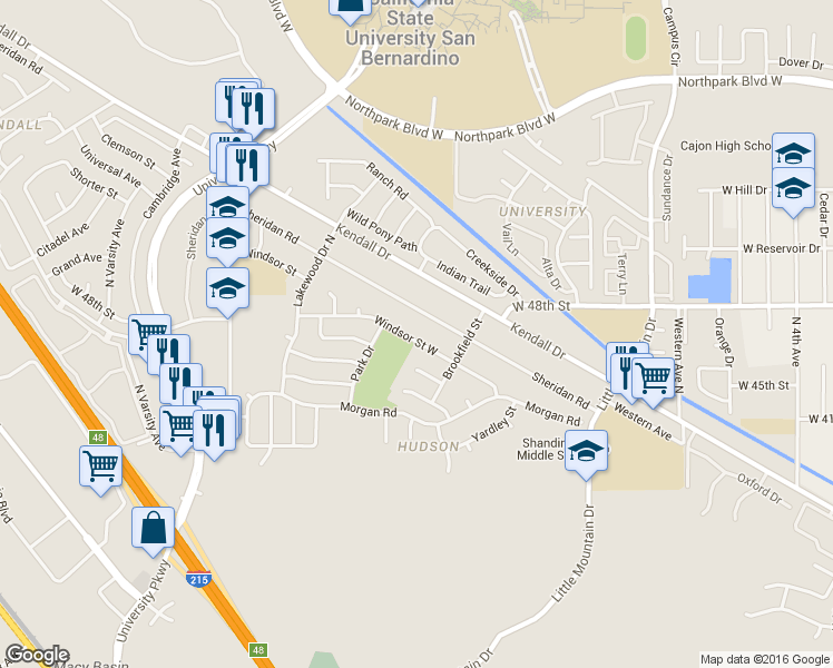 map of restaurants, bars, coffee shops, grocery stores, and more near 1537 Sheridan Road in San Bernardino