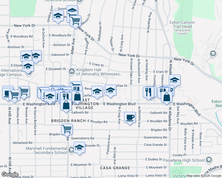 map of restaurants, bars, coffee shops, grocery stores, and more near 2137 Garfias Drive in Pasadena