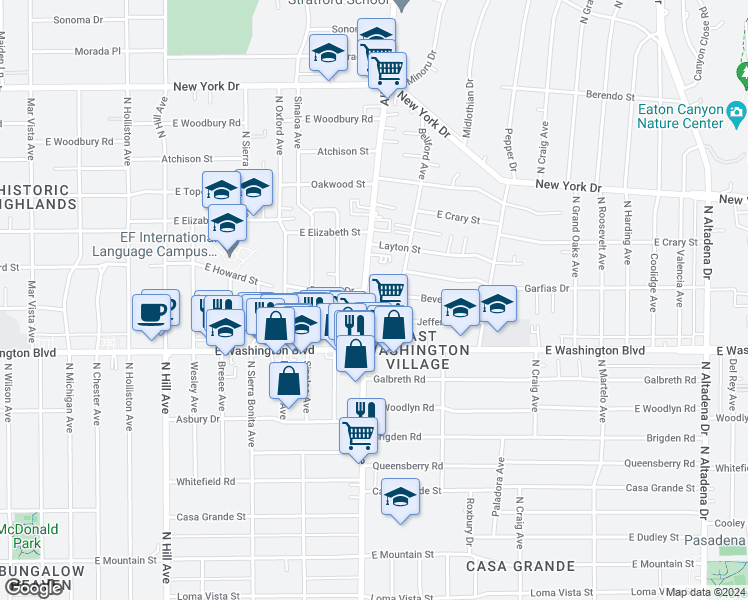 map of restaurants, bars, coffee shops, grocery stores, and more near 1819 Beverly Drive in Pasadena