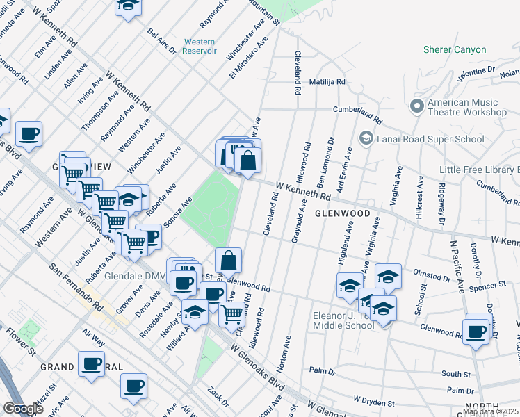 map of restaurants, bars, coffee shops, grocery stores, and more near 1454 Bruce Avenue in Glendale
