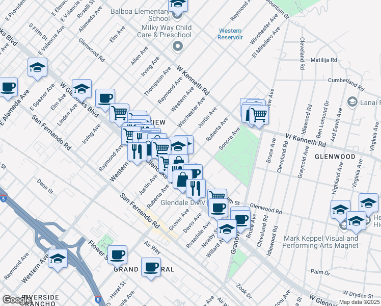 map of restaurants, bars, coffee shops, grocery stores, and more near 1172 Justin Avenue in Glendale
