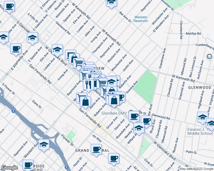 map of restaurants, bars, coffee shops, grocery stores, and more near 1140 Winchester Avenue in Glendale