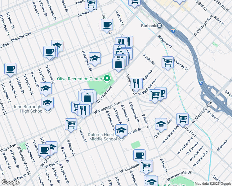 map of restaurants, bars, coffee shops, grocery stores, and more near 1100 West Olive Avenue in Burbank