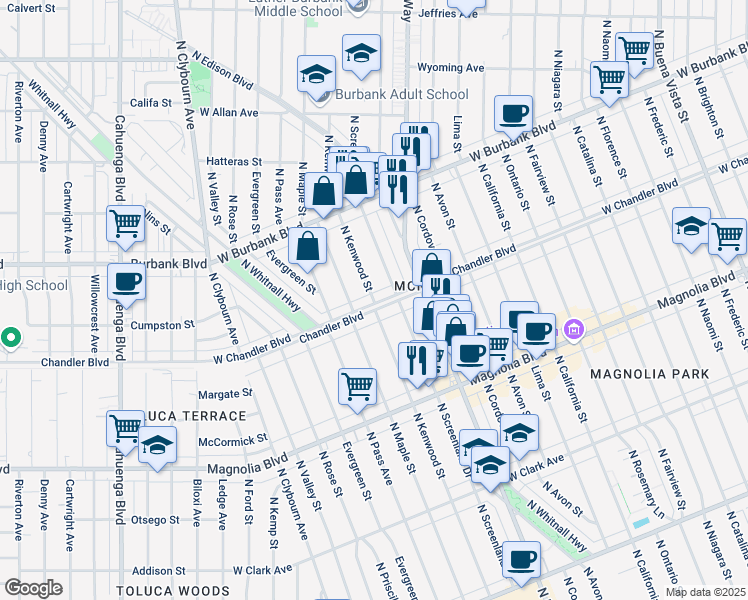 map of restaurants, bars, coffee shops, grocery stores, and more near 1211 North Screenland Drive in Burbank