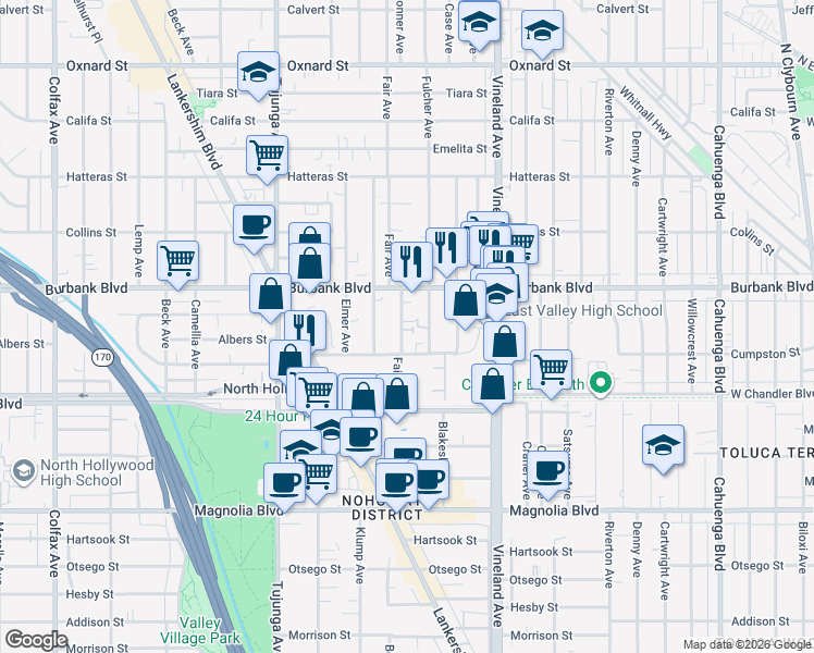 map of restaurants, bars, coffee shops, grocery stores, and more near 5554 Bonner Avenue in Los Angeles
