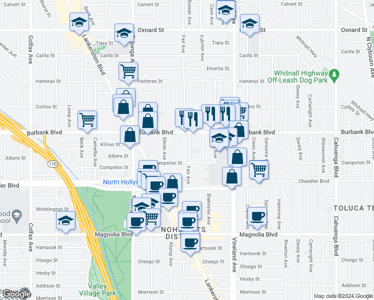map of restaurants, bars, coffee shops, grocery stores, and more near 5554 Bonner Avenue in Los Angeles