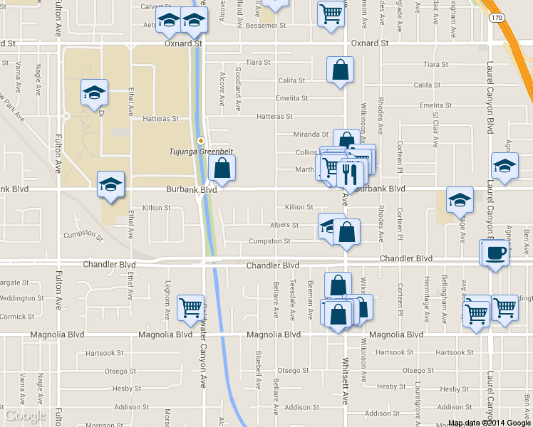 map of restaurants, bars, coffee shops, grocery stores, and more near 5530 Bluebell Avenue in Los Angeles