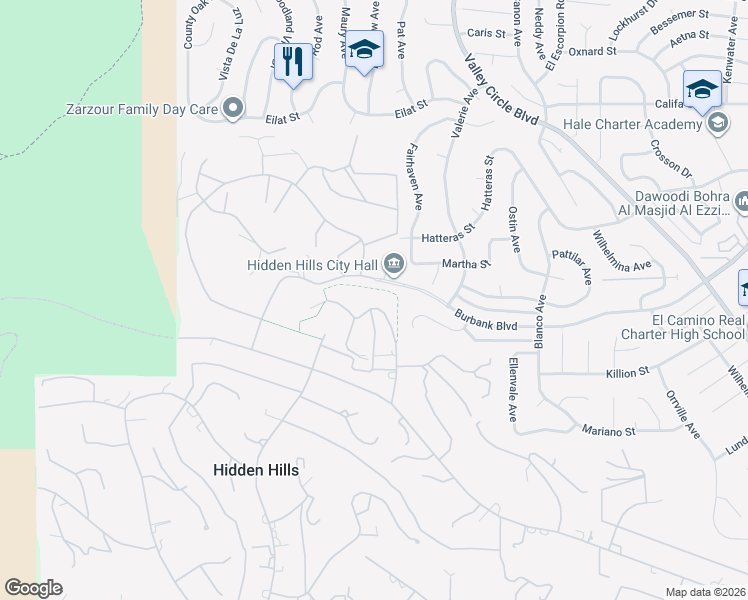 map of restaurants, bars, coffee shops, grocery stores, and more near 6165 Spring Valley Road in Hidden Hills