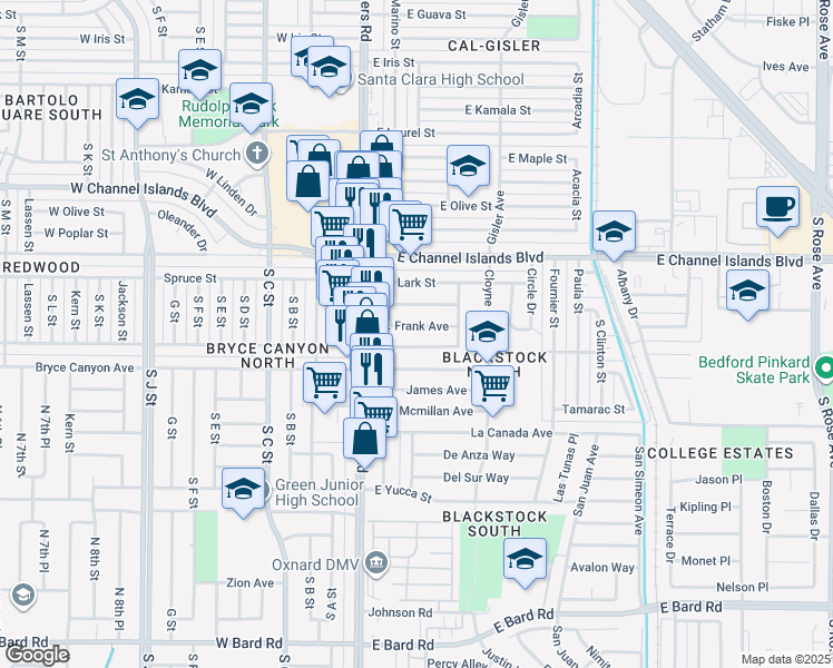 map of restaurants, bars, coffee shops, grocery stores, and more near 175 Frank Avenue in Oxnard