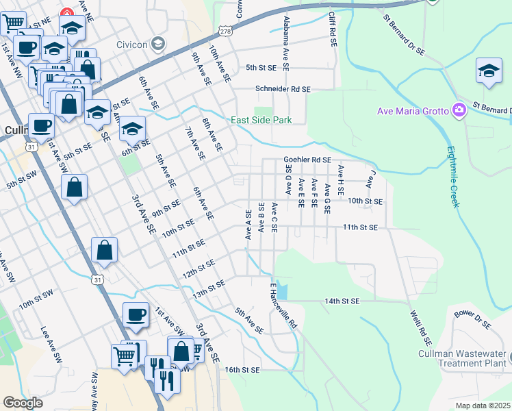 map of restaurants, bars, coffee shops, grocery stores, and more near 1319 10th Street Southeast in Cullman